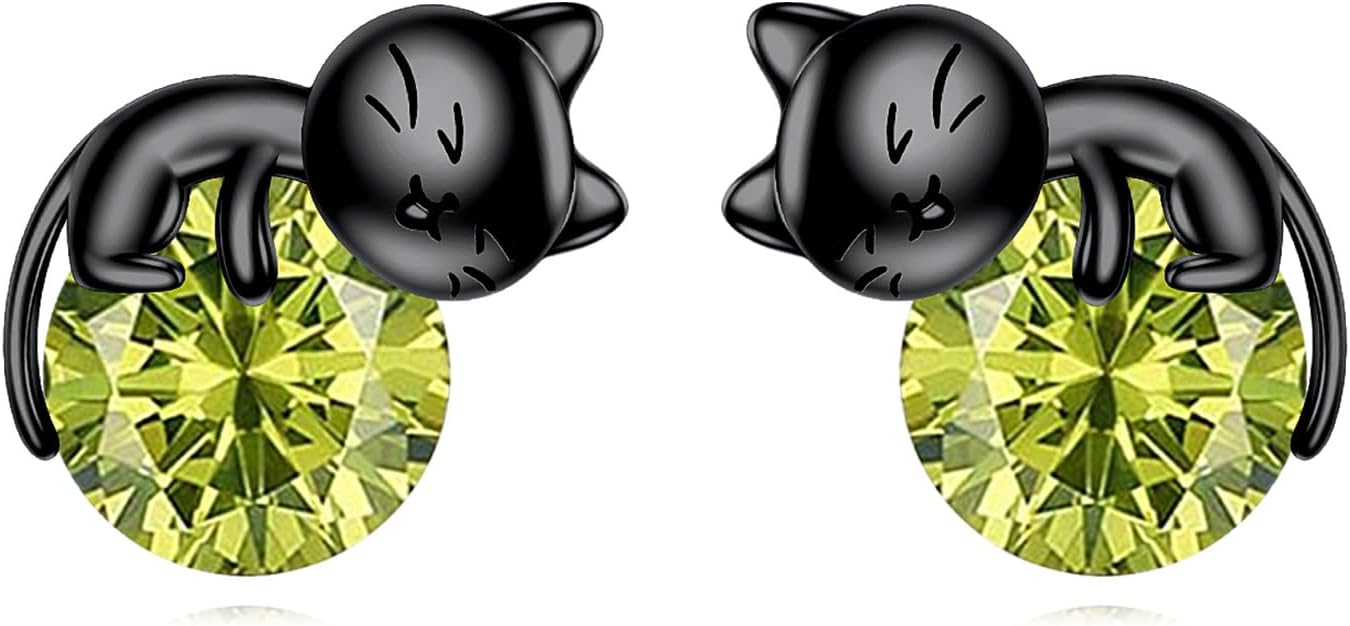 Sterling Silver Birthstone Black Cat Stud Earrings - Cat Birthstone Earrings for Women's Birthday Gift