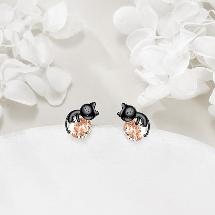 Sterling Silver Birthstone Black Cat Stud Earrings - Cat Birthstone Earrings for Women's Birthday Gift