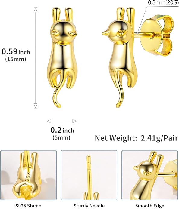 SILVERCUTE Cat Earrings for Women Girls 925 Sterling Silver Hypoallergenic Lovely Animal Stud Earrings Cat Lovers Gift
