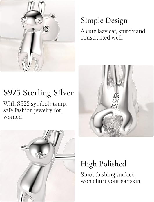 SILVERCUTE Cat Earrings for Women Girls 925 Sterling Silver Hypoallergenic Lovely Animal Stud Earrings Cat Lovers Gift