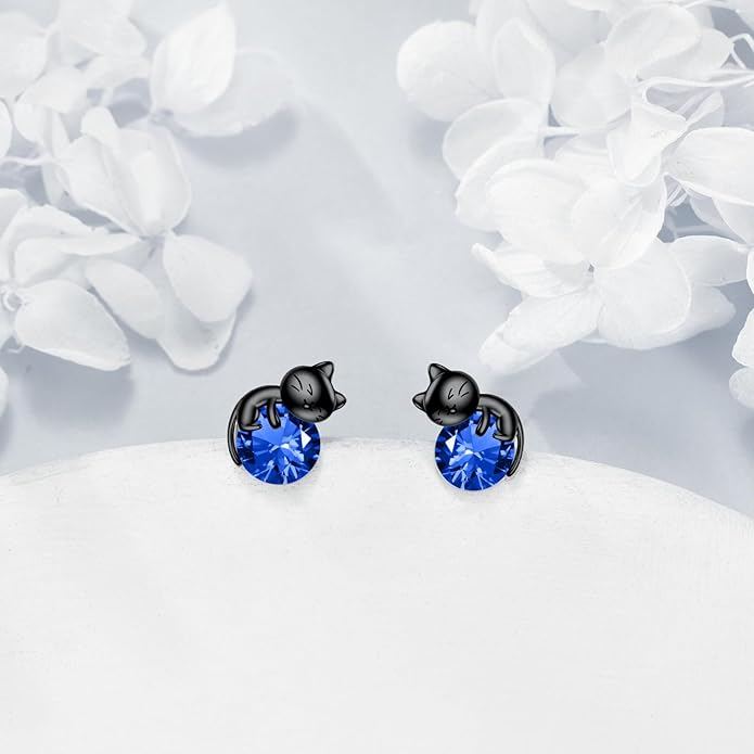Sterling Silver Birthstone Black Cat Stud Earrings - Cat Birthstone Earrings for Women's Birthday Gift