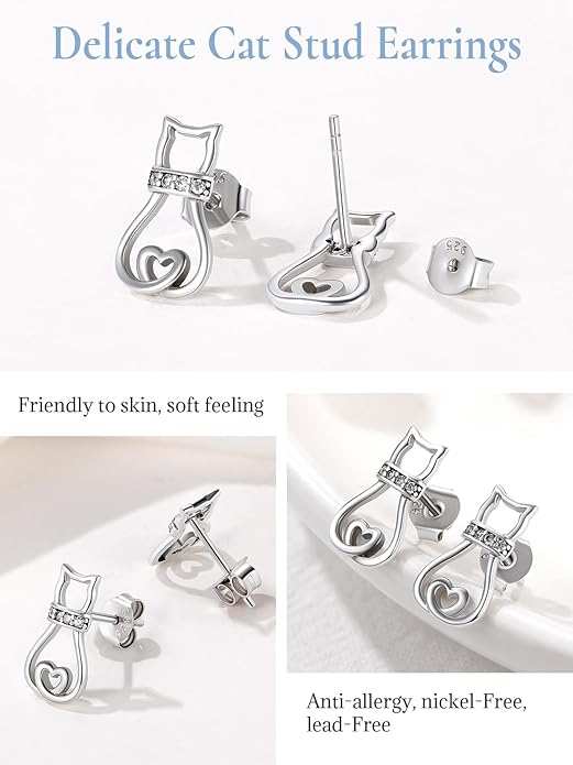 SILVERCUTE Cat Earrings for Women Girls 925 Sterling Silver Hypoallergenic Lovely Animal Stud Earrings Cat Lovers Gift