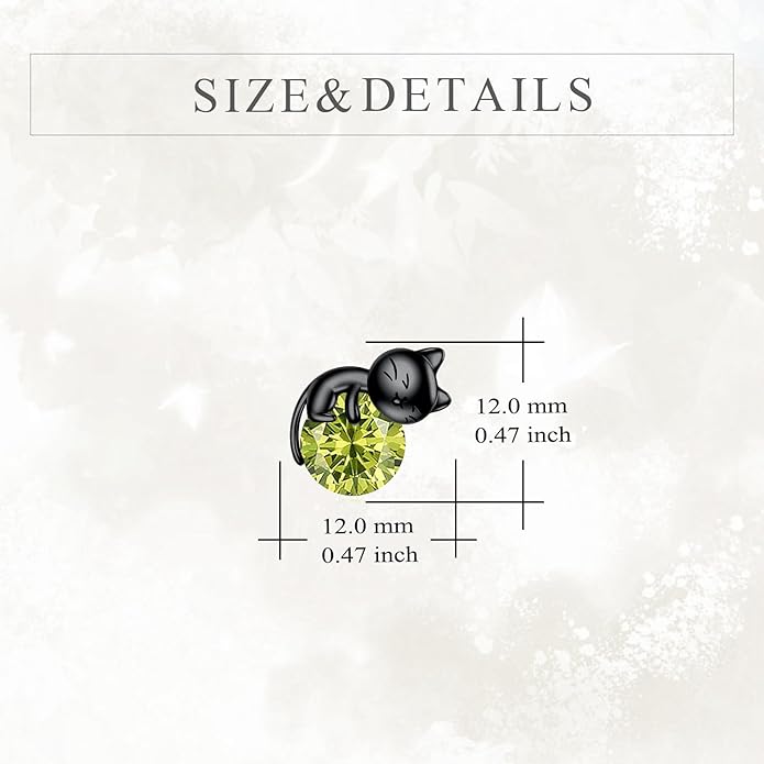 Sterling Silver Birthstone Black Cat Stud Earrings - Cat Birthstone Earrings for Women's Birthday Gift