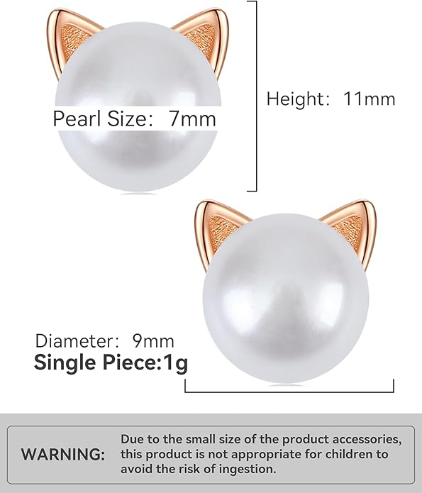 PANSTAR Hypoallergenic 925 Sterling Silver Pearl Cat Earrings for Women - Cute Dainty Cat Stud Earrings, Valentine’s & Mother’s Day Gift with Box