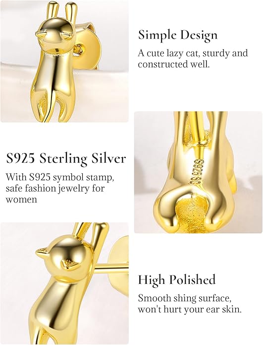 SILVERCUTE Cat Earrings for Women Girls 925 Sterling Silver Hypoallergenic Lovely Animal Stud Earrings Cat Lovers Gift