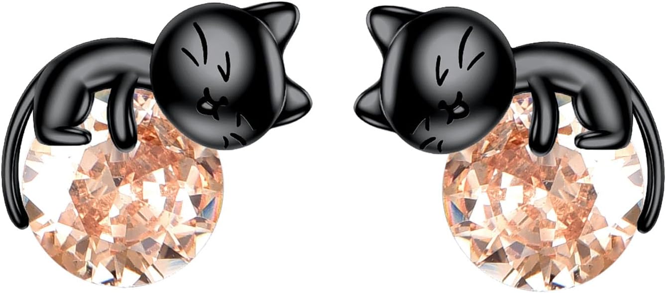 Sterling Silver Birthstone Black Cat Stud Earrings - Cat Birthstone Earrings for Women's Birthday Gift