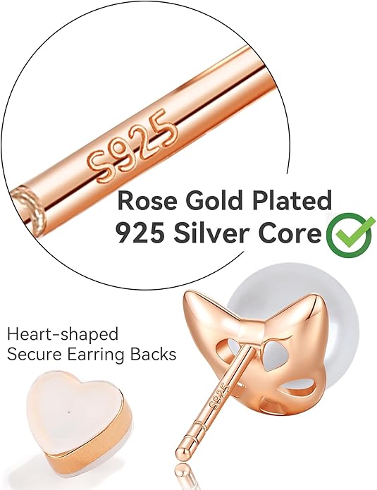 PANSTAR Hypoallergenic 925 Sterling Silver Pearl Cat Earrings for Women - Cute Dainty Cat Stud Earrings, Valentine’s & Mother’s Day Gift with Box