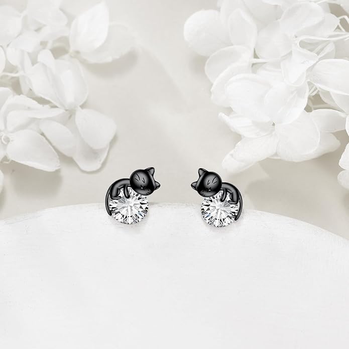 Sterling Silver Birthstone Black Cat Stud Earrings - Cat Birthstone Earrings for Women's Birthday Gift