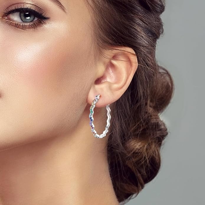 NARMO 925 Sterling Silver Hoop Earrings for Women Hypoallergenic Lightweight Simple Huggie Hoop Earrings Twisted Hoop Earrings Colorful Cubic Zirconia Hoop Earrings Rainbow Hoop Earrings