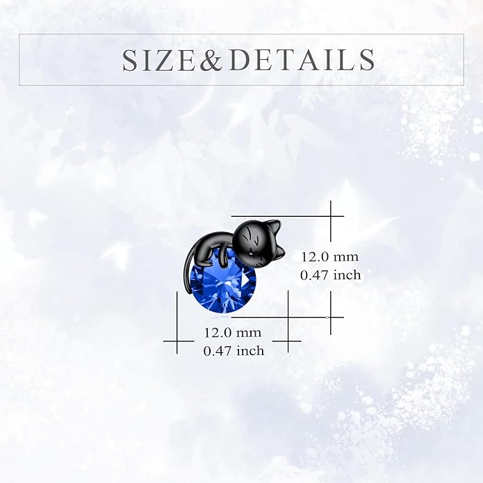 Sterling Silver Birthstone Black Cat Stud Earrings - Cat Birthstone Earrings for Women's Birthday Gift