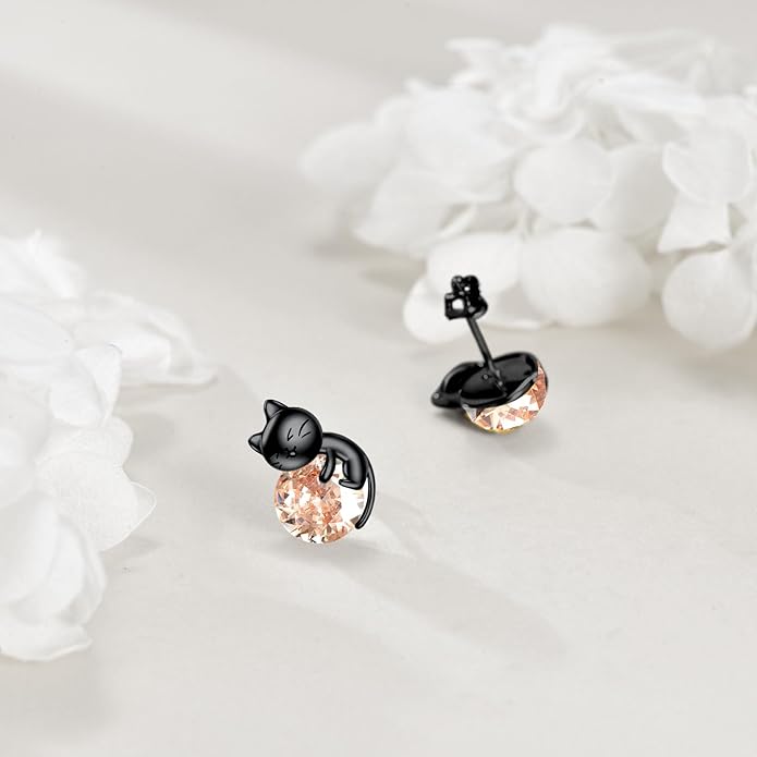 Sterling Silver Birthstone Black Cat Stud Earrings - Cat Birthstone Earrings for Women's Birthday Gift