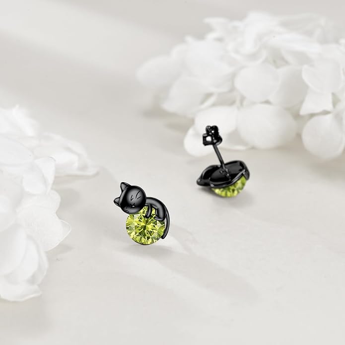 Sterling Silver Birthstone Black Cat Stud Earrings - Cat Birthstone Earrings for Women's Birthday Gift