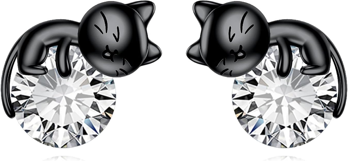 Sterling Silver Birthstone Black Cat Stud Earrings - Cat Birthstone Earrings for Women's Birthday Gift