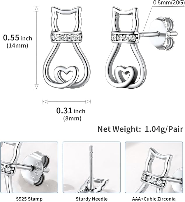 SILVERCUTE Cat Earrings for Women Girls 925 Sterling Silver Hypoallergenic Lovely Animal Stud Earrings Cat Lovers Gift