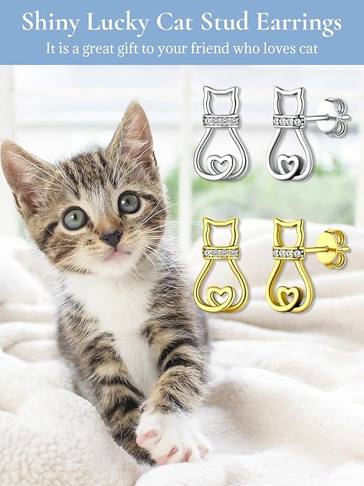 SILVERCUTE Cat Earrings for Women Girls 925 Sterling Silver Hypoallergenic Lovely Animal Stud Earrings Cat Lovers Gift