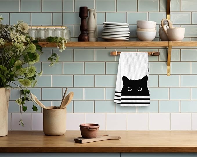 Black Cat Kitchen Towels, Funny Cat Decor for Home, Waffle Weave Microfiber Towel, 1624 Inches