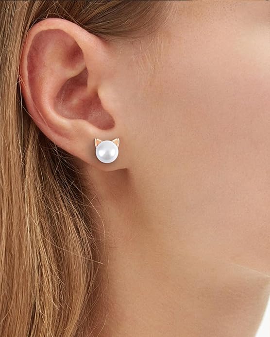PANSTAR Hypoallergenic 925 Sterling Silver Pearl Cat Earrings for Women - Cute Dainty Cat Stud Earrings, Valentine’s & Mother’s Day Gift with Box
