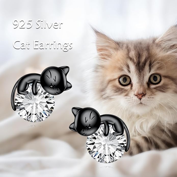Sterling Silver Birthstone Black Cat Stud Earrings - Cat Birthstone Earrings for Women's Birthday Gift