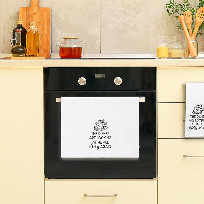 Funny Kitchen Towels for Women, The Dishes are Looking at Me All Dirty Again Dishcloths, Housewife Decorative Tea Towels with Saying, Sweet Housewarming Gifts for Mom Hostess Chef Friend