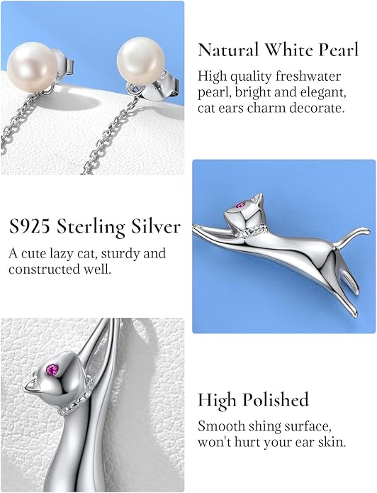 SILVERCUTE Cat Earrings for Women Girls 925 Sterling Silver Hypoallergenic Lovely Animal Stud Earrings Cat Lovers Gift