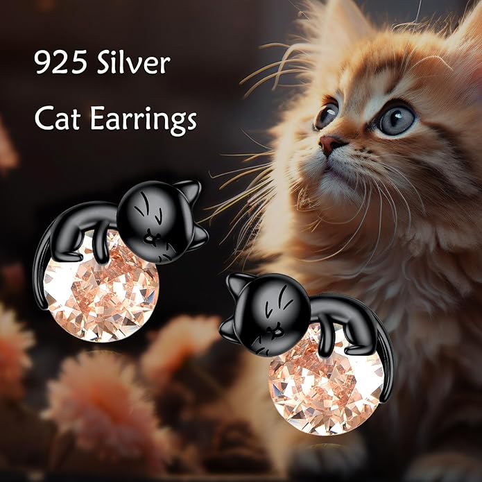 Sterling Silver Birthstone Black Cat Stud Earrings - Cat Birthstone Earrings for Women's Birthday Gift