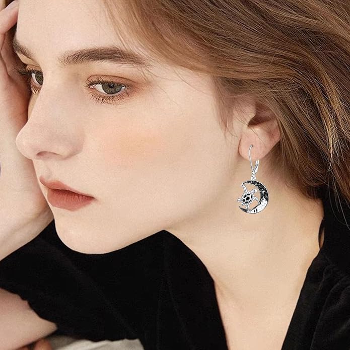 Black Cat/Bat/Spider/Pumpkin/Wolf/Bunny/Sun and Moon/Turtle/Raven 925 Sterling Silver Leverback Dangle Earrings Moon Gothic Christmas Earrings Jewelry Gift for Women