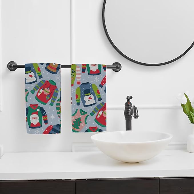 Christmas Ugly Sweater Hand Towel Set of 2,Childish Christmas Holiday Sweater Bathroom Kitchen Towel,Soft Absorben for Bathroom Kitchen Hotel 28"x14"