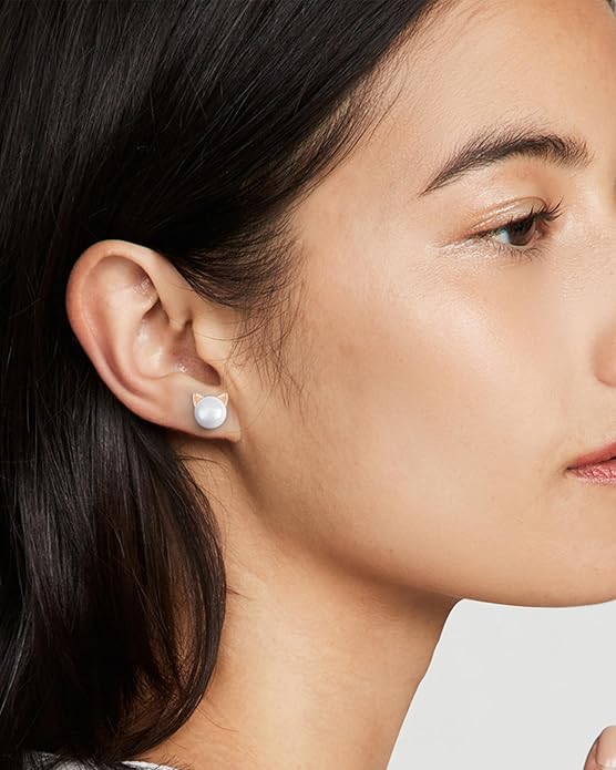 PANSTAR Hypoallergenic 925 Sterling Silver Pearl Cat Earrings for Women - Cute Dainty Cat Stud Earrings, Valentine’s & Mother’s Day Gift with Box