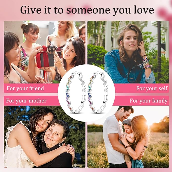 NARMO 925 Sterling Silver Hoop Earrings for Women Hypoallergenic Lightweight Simple Huggie Hoop Earrings Twisted Hoop Earrings Colorful Cubic Zirconia Hoop Earrings Rainbow Hoop Earrings