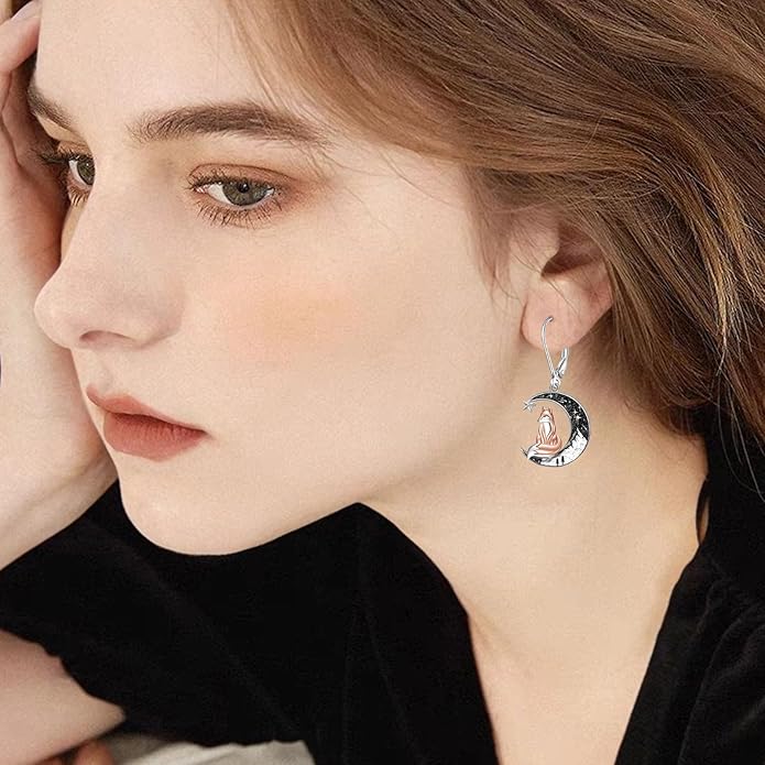 Black Cat/Bat/Spider/Pumpkin/Wolf/Bunny/Sun and Moon/Turtle/Raven 925 Sterling Silver Leverback Dangle Earrings Moon Gothic Christmas Earrings Jewelry Gift for Women