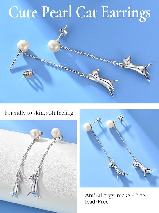 SILVERCUTE Cat Earrings for Women Girls 925 Sterling Silver Hypoallergenic Lovely Animal Stud Earrings Cat Lovers Gift