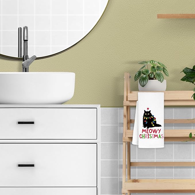 Cat Meowy Christmas Towels for Cat Lovers, Cat Christmas Decor for Bathroom Kitchen, Black Cat Gifts for Women Cat Lovers Girls Men Kids, Cat Christmas Bathroom Decor, 16x24 in