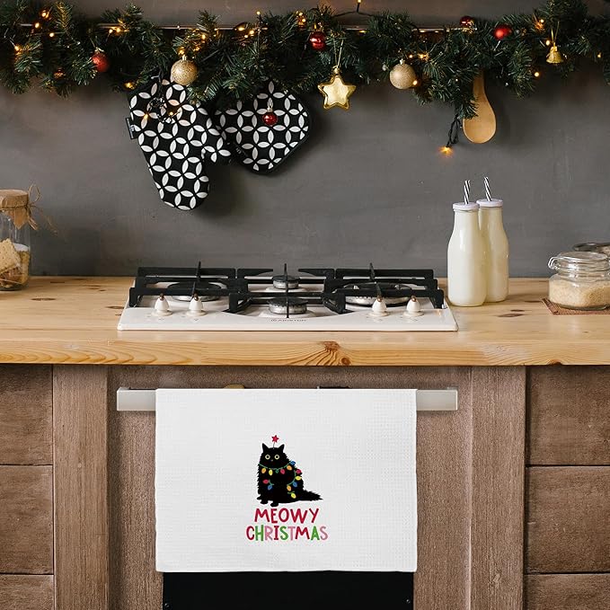 Cat Meowy Christmas Towels for Cat Lovers, Cat Christmas Decor for Bathroom Kitchen, Black Cat Gifts for Women Cat Lovers Girls Men Kids, Cat Christmas Bathroom Decor, 16x24 in