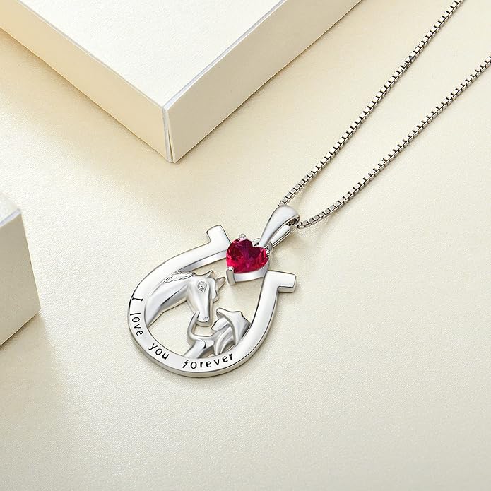 YL Women's Horse Necklace 925 Sterling Silver Horseshoe Pendant Birthstone Animals Jewelry