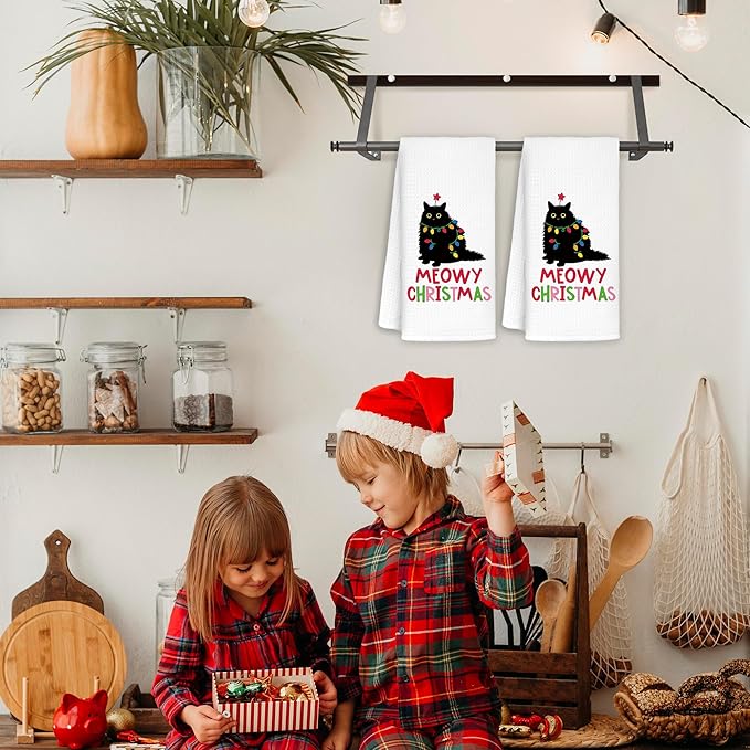 Cat Meowy Christmas Towels for Cat Lovers, Cat Christmas Decor for Bathroom Kitchen, Black Cat Gifts for Women Cat Lovers Girls Men Kids, Cat Christmas Bathroom Decor, 16x24 in