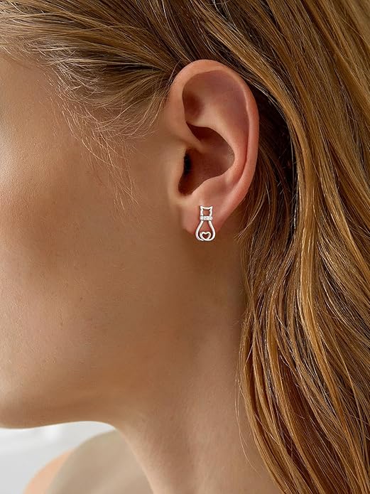 SILVERCUTE Cat Earrings for Women Girls 925 Sterling Silver Hypoallergenic Lovely Animal Stud Earrings Cat Lovers Gift