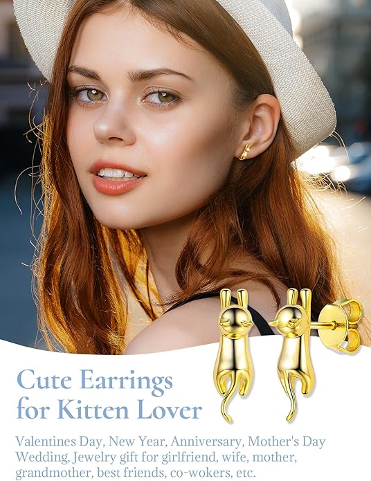 SILVERCUTE Cat Earrings for Women Girls 925 Sterling Silver Hypoallergenic Lovely Animal Stud Earrings Cat Lovers Gift