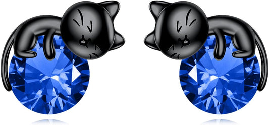 Sterling Silver Birthstone Black Cat Stud Earrings - Cat Birthstone Earrings for Women's Birthday Gift