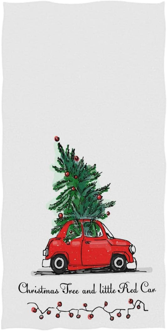Vintage Red Truck Christmas Tree Hand Towels 16x30 in Bathroom Towel, Winter Snowflake Lantern Ultra Soft Highly Absorbent Small Bath Towel Merry Christmas X-mas Bathroom Decor Gifts