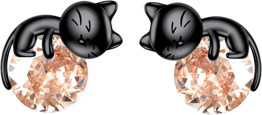 Sterling Silver Birthstone Black Cat Stud Earrings - Cat Birthstone Earrings for Women's Birthday Gift