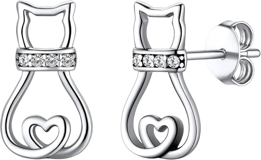 SILVERCUTE Cat Earrings for Women Girls 925 Sterling Silver Hypoallergenic Lovely Animal Stud Earrings Cat Lovers Gift