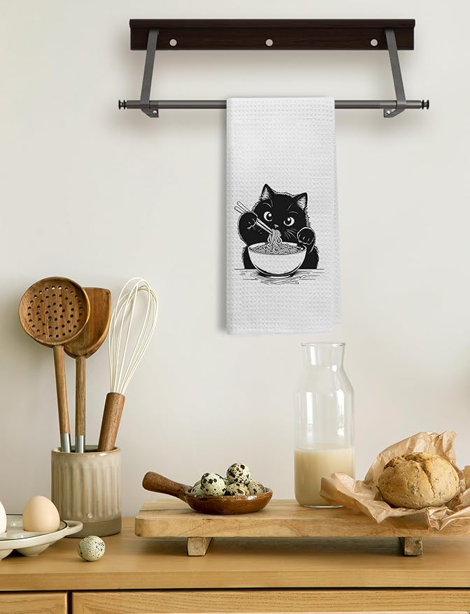 Black Cat Kitchen Towels, Funny Noodle Cat Dish Towels for Kitchen, Cat Hand Towels, Cat Towels for Cat Lovers, Black Cat Gifts, Cat Lover Gifts, Cat Mom Gifts, Cat Lady Gifts, 16x24 Inch